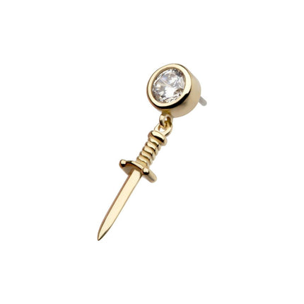 Invictus 14Kt Yellow Gold Threadless Bezel Set Round CZ with Dangle Dagger Top