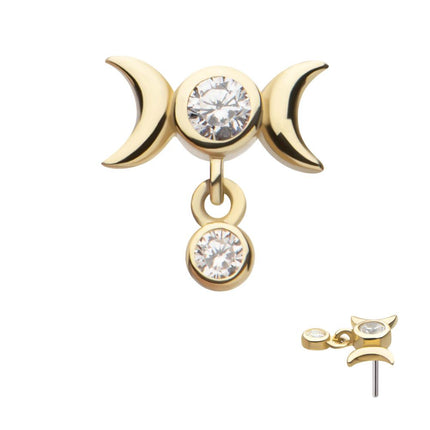 Invictus 14Kt Yellow Gold Threadless Triple Moon Phase Top with Dangle Bezel Set Round CZ