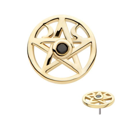 Invictus 14Kt Yellow Gold Threadless Bezel Set Round CZ Crescent Moon Pentacle Top