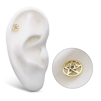 Invictus 14Kt Yellow Gold Threadless Bezel Set Round CZ Crescent Moon Pentacle Top