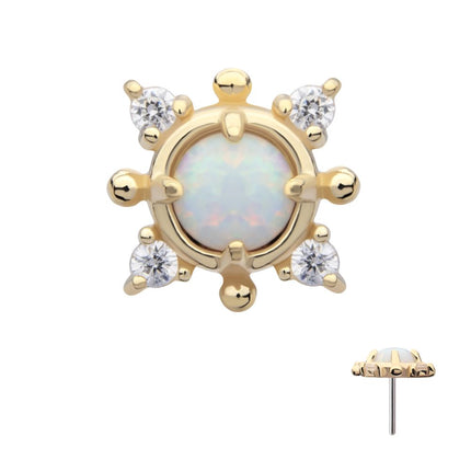 Invictus 14Kt Yellow Gold Threadless Prong Set Round White Opal and Clear Gem 4-Point Top