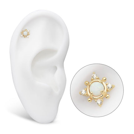 Invictus 14Kt Yellow Gold Threadless Prong Set Round White Opal and Clear Gem 4-Point Top