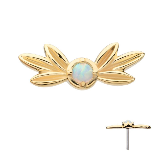 Invictus 14Kt Yellow Gold Threadless Triple Leaf Edge with Prong Set Round White Opal Top