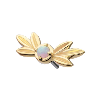 Invictus 14Kt Yellow Gold Threadless Triple Leaf Edge with Prong Set Round White Opal Top