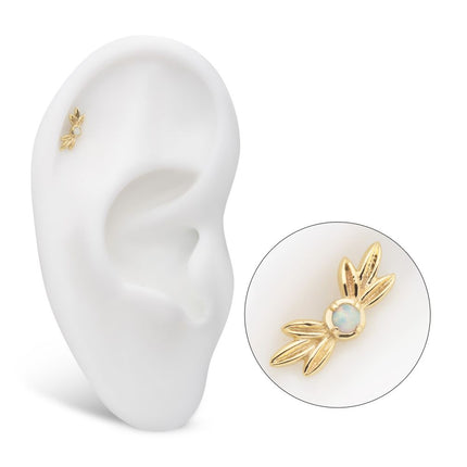 Invictus 14Kt Yellow Gold Threadless Triple Leaf Edge with Prong Set Round White Opal Top