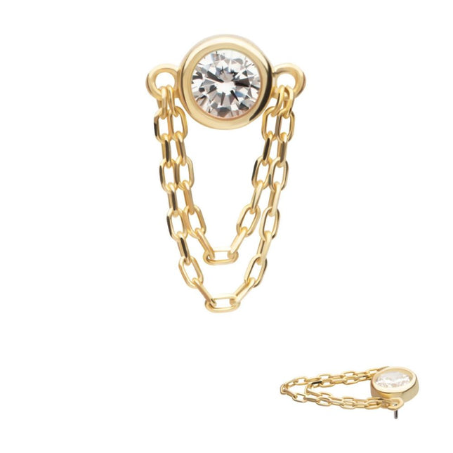 Invictus 14Kt Yellow Gold Threadless Bezel Set Round CZ/Opal Top with 2 Dangle Chains