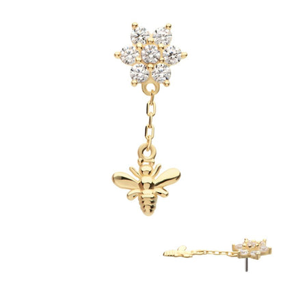 Invictus 14Kt Yellow Gold Threadless Prong Set Round CZ Flower Top with Dangle Bee