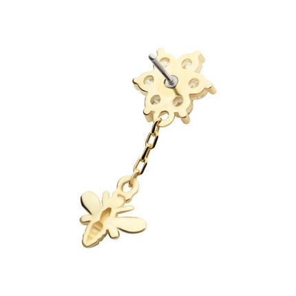 Invictus 14Kt Yellow Gold Threadless Prong Set Round CZ Flower Top with Dangle Bee