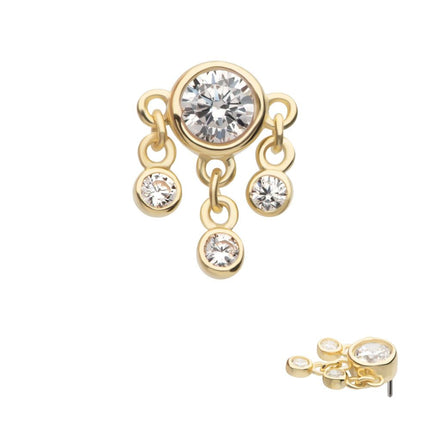 Invictus 14Kt Yellow Gold Threadless Triple Dangle Bezel Set Round CZ Top