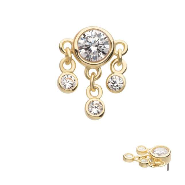 Invictus 14Kt Yellow Gold Threadless Triple Dangle Bezel Set Round CZ Top