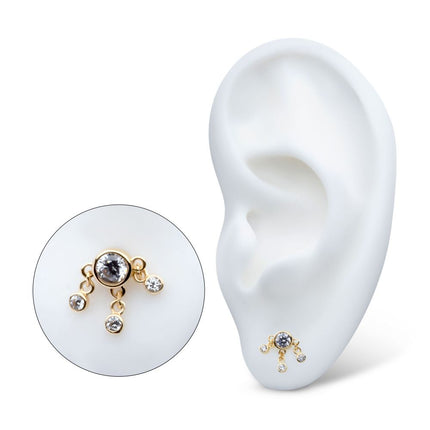 Invictus 14Kt Yellow Gold Threadless Triple Dangle Bezel Set Round CZ Top