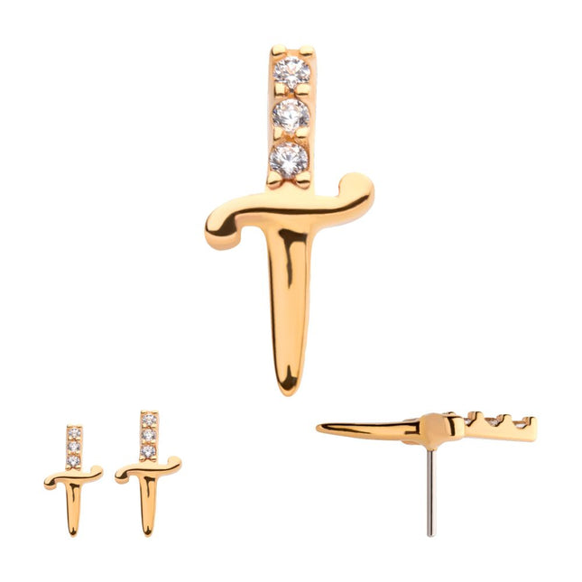 Invictus 14Kt Yellow Gold Threadless with Dagger with 3-CZ Gem Handle Top
