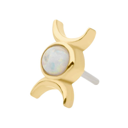 Invictus 14Kt Yellow Gold Threadless with Bezel Set White Opal Triple Goddess Moon Top