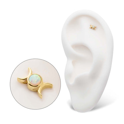 Invictus 14Kt Yellow Gold Threadless with Bezel Set White Opal Triple Goddess Moon Top
