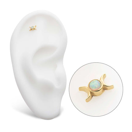 Invictus 14Kt Yellow Gold Threadless with Bezel Set White Opal Triple Goddess Moon Top