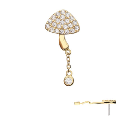 Invictus 14Kt Yellow Gold Threadless Pave Set Round Gem Mushroom Top with Dangle Gem