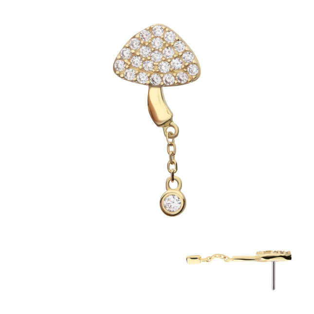 Invictus 14Kt Yellow Gold Threadless Pave Set Round Gem Mushroom Top with Dangle Gem