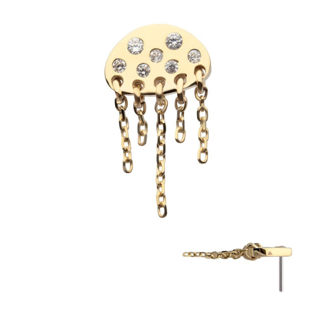 Invictus 14Kt Yellow Gold Threadless Bezel Set Round Gem Jellyfish Top with 5 Dangle Chain