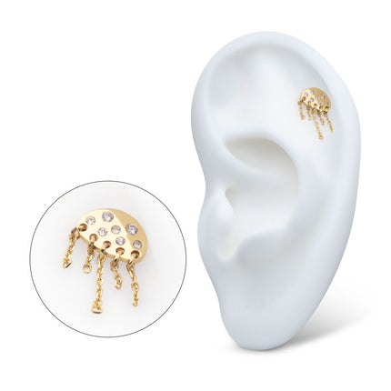 Invictus 14Kt Yellow Gold Threadless Bezel Set Round Gem Jellyfish Top with 5 Dangle Chain