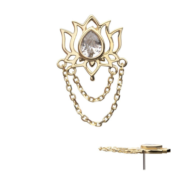 Invictus 14Kt Yellow Gold Threadless Bezel Teardrop Gem Lotus Flower Top with 2 Tier Dangle Chain