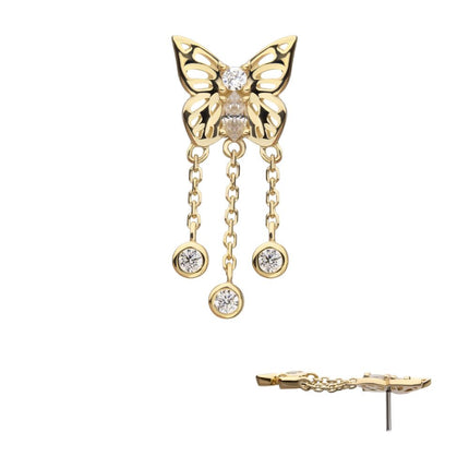 Invictus 14Kt Yellow Gold Threadless Prong Set Gem Butterfly Top with Triple Dangle Bezel Gem