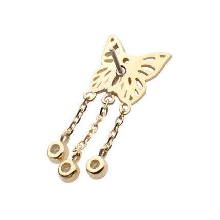 Invictus 14Kt Yellow Gold Threadless Prong Set Gem Butterfly Top with Triple Dangle Bezel Gem