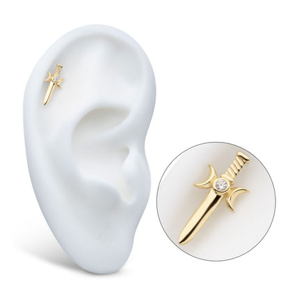 Invictus 14Kt Yellow Gold Threadless Bezel Set Round CZ Triple Moon Phase Dagger Top