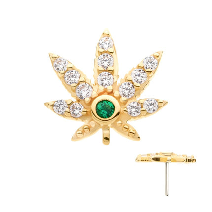 Invictus 14Kt Yellow Gold Threadless with Clear & Emerald CZ Pot Leaf Top
