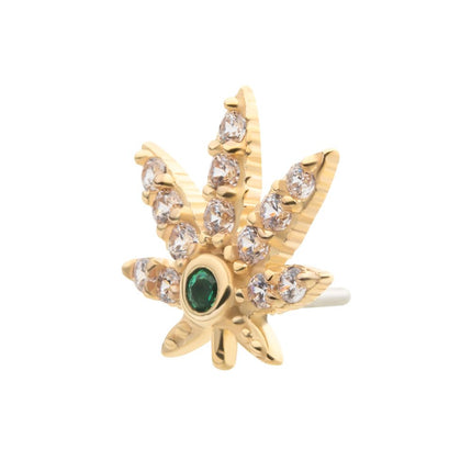 Invictus 14Kt Yellow Gold Threadless with Clear & Emerald CZ Pot Leaf Top