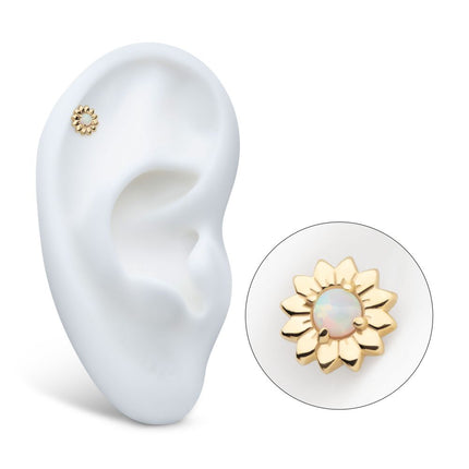 Invictus 14Kt Yellow Gold Threadless Prong Set Round White Opal Sunflower Top