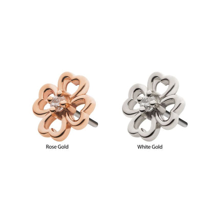Invictus 14Kt Gold Threadless with Prong Set Clear CZ 4-Leaf Clover Top