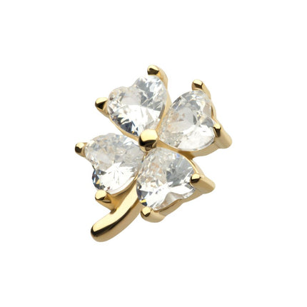 Invictus 14Kt Yellow Gold Threadless Prong Set Heart CZ Gem 4-Petal Clover Top