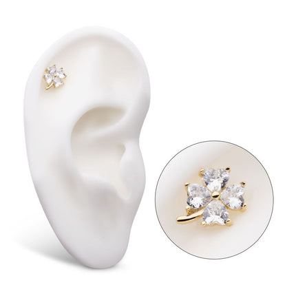 Invictus 14Kt Yellow Gold Threadless Prong Set Heart CZ Gem 4-Petal Clover Top