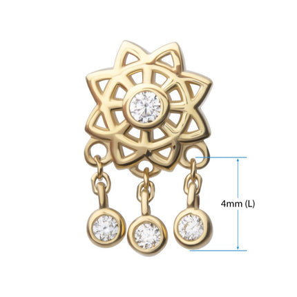 Invictus 14Kt Yellow Gold Threadless Mandala Flower Top with Triple Bezel Set Gem Dangle