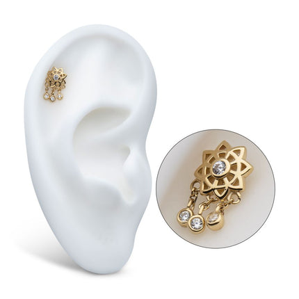 Invictus 14Kt Yellow Gold Threadless Mandala Flower Top with Triple Bezel Set Gem Dangle