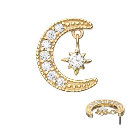 Invictus 14kt Yellow Gold Threadless Pave Set Gem Crescent Moon with Floating Star Gem Top