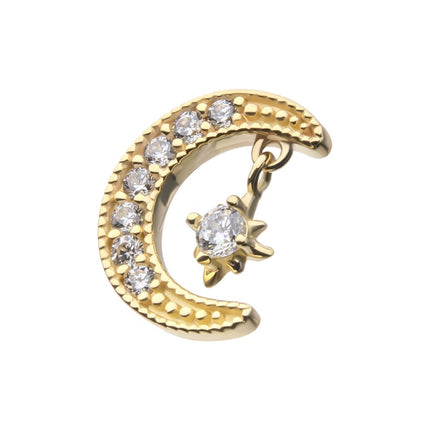 Invictus 14kt Yellow Gold Threadless Pave Set Gem Crescent Moon with Floating Star Gem Top