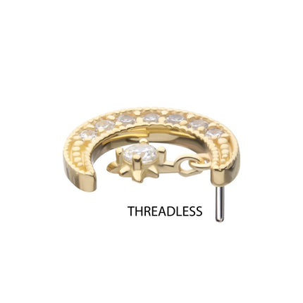 Invictus 14kt Yellow Gold Threadless Pave Set Gem Crescent Moon with Floating Star Gem Top