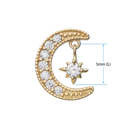 Invictus 14kt Yellow Gold Threadless Pave Set Gem Crescent Moon with Floating Star Gem Top