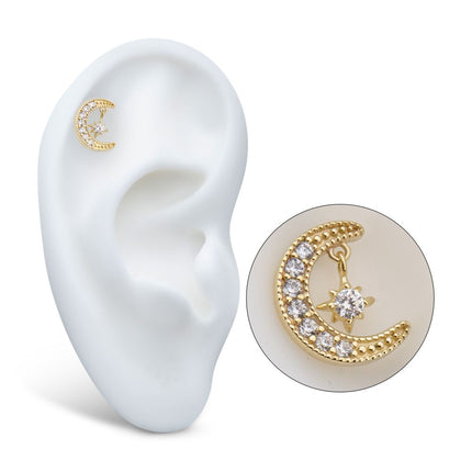 Invictus 14kt Yellow Gold Threadless Pave Set Gem Crescent Moon with Floating Star Gem Top