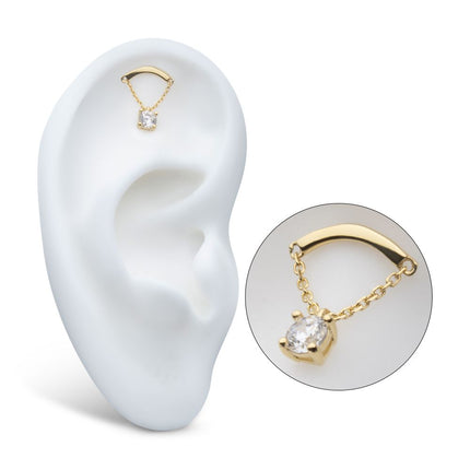 Invictus 14Kt Yellow Gold Threadless Curved Bar Top with 4-Prong Gem Dangle