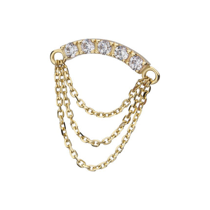 Invictus 14Kt Yellow Gold Threadless Gem Curved Bar Top with 3-Tier Chain Dangle