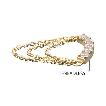 Invictus 14Kt Yellow Gold Threadless Gem Curved Bar Top with 3-Tier Chain Dangle