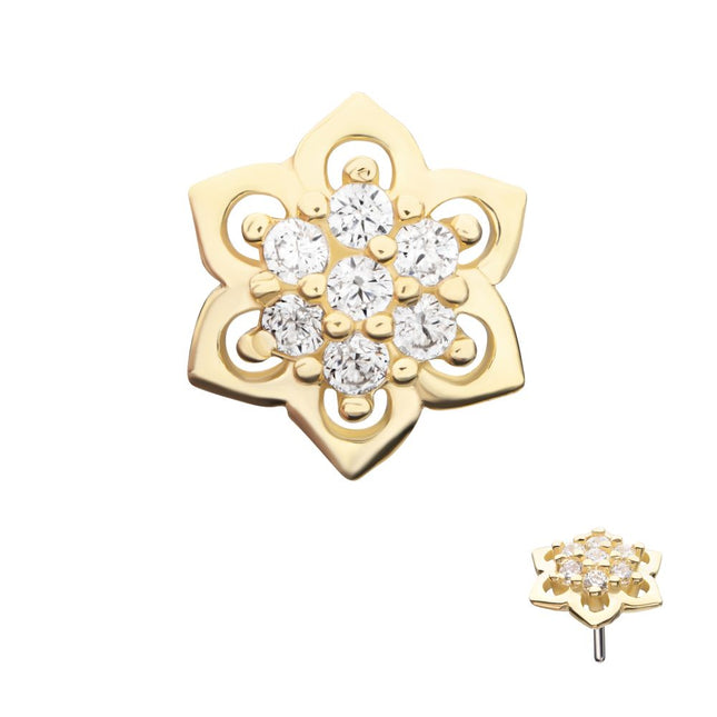 Invictus 14Kt Yellow Gold Threadless Pave Set 7-Gem Mandala Flower Top