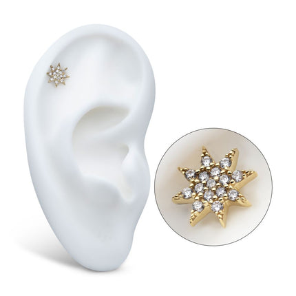 Invictus 14Kt Yellow Gold Threadless Pave Set Gem Octagram Star Top