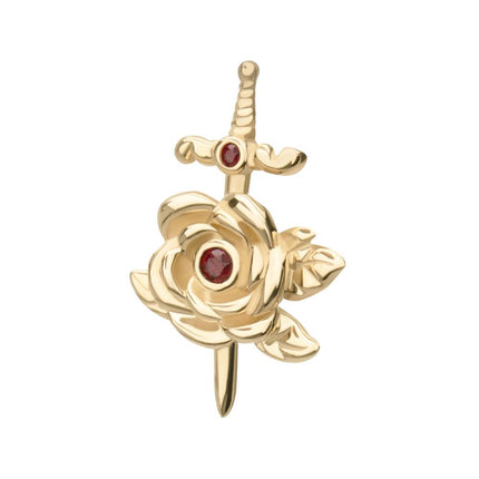 Invictus 14Kt Yellow Gold Threadless Bezel Garnet Round Gem Rose and Dagger Top