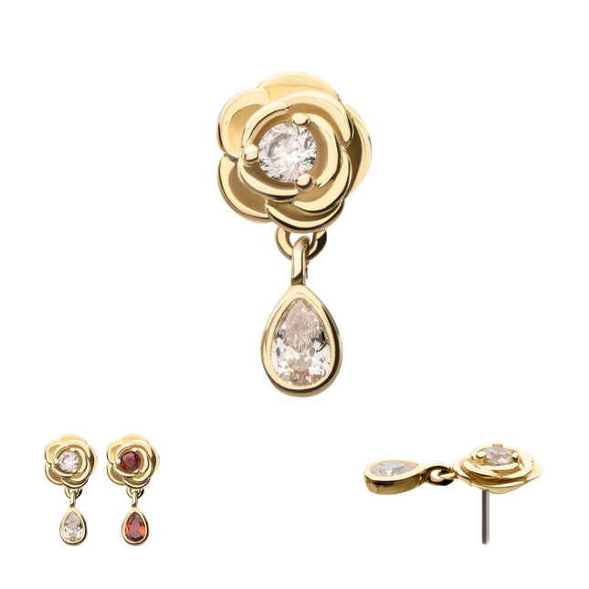Invictus 14Kt Yellow Gold Threadless Prong Set Round Gem Rose Flower Top with Teardrop Dangle