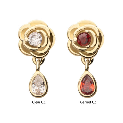 Invictus 14Kt Yellow Gold Threadless Prong Set Round Gem Rose Flower Top with Teardrop Dangle