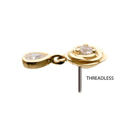 Invictus 14Kt Yellow Gold Threadless Prong Set Round Gem Rose Flower Top with Teardrop Dangle