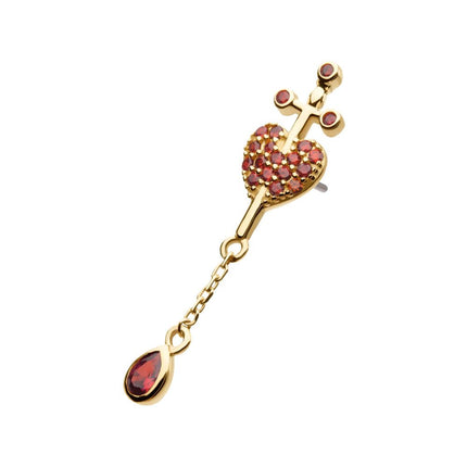 Invictus 14Kt Yellow Gold Threadless Dagger Heart Top with Pave Garnet Gem & Teardrop Chain Dangle